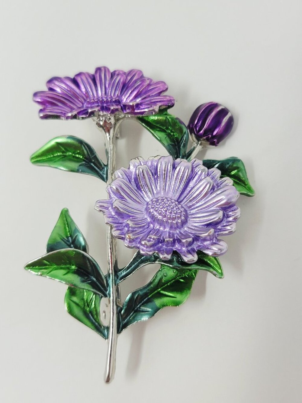 Purple & Green Enamel Flower Brooch Floral Pin Vintage Style
